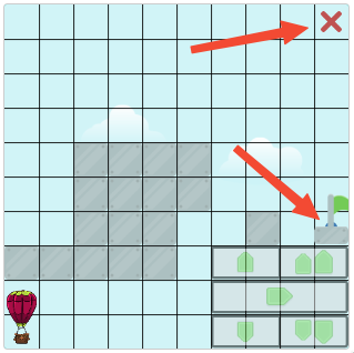 Screenshot of an example thumbnail. There is a hot air balloon in the bottom left corner and there are several barriers between it and the goal flag on the right edge of the screen. The goal flag has a blue point behind it. There are several buttons for controlling the balloon in the bottom right corner of the screen. There is also a red 
