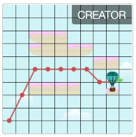 Screenshot of an example response thumbnail. This thumbnail looks the same as the challenge thumbnail, except the balloon is now at the same location as the goal flag on the right side of the screen. There is also a set of line segments connected by dots showing the path the balloon traveled to get to the goal.
