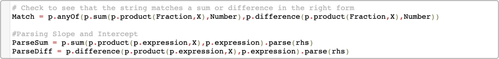 # Check to see that the string matches a sum or difference in the right form Match = p.anyOf(p.sum(p.product(Fraction,X),Number),p.difference(p.product(Fraction,X),Number))  # Parsing Slope and Intercept ParseSum = p.sum(p.product(p.expression,X),p.expression).parse(rhs) ParseDiff = p.difference(p.product(p.expression,X),p.expression).parse(rhs)