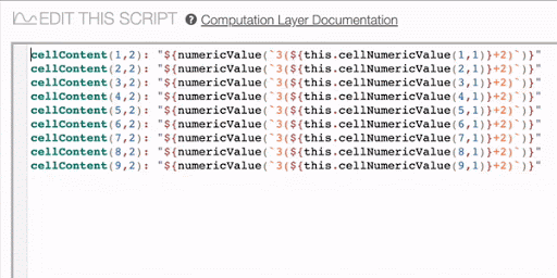 A gif of a Computation Layer script window showing several lines of cellContent sinks in a table component. The variable 