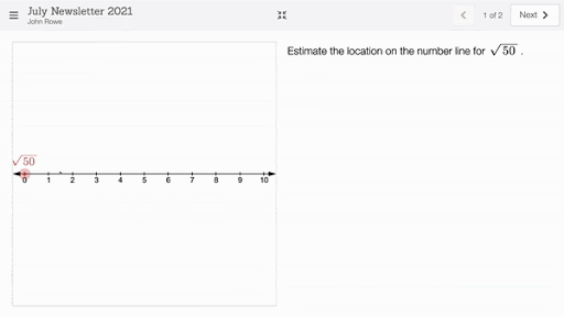 A gif of a two screen activity. On the first screen, there is a graph with a number line that runs from 0 to 10 and a note that says 