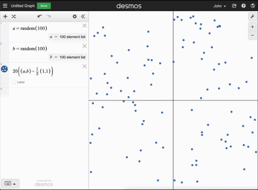 A gif of a Desmos graph showing many points on a coordinate plane. The screen is zoomed into the settings of the list of points and the text 